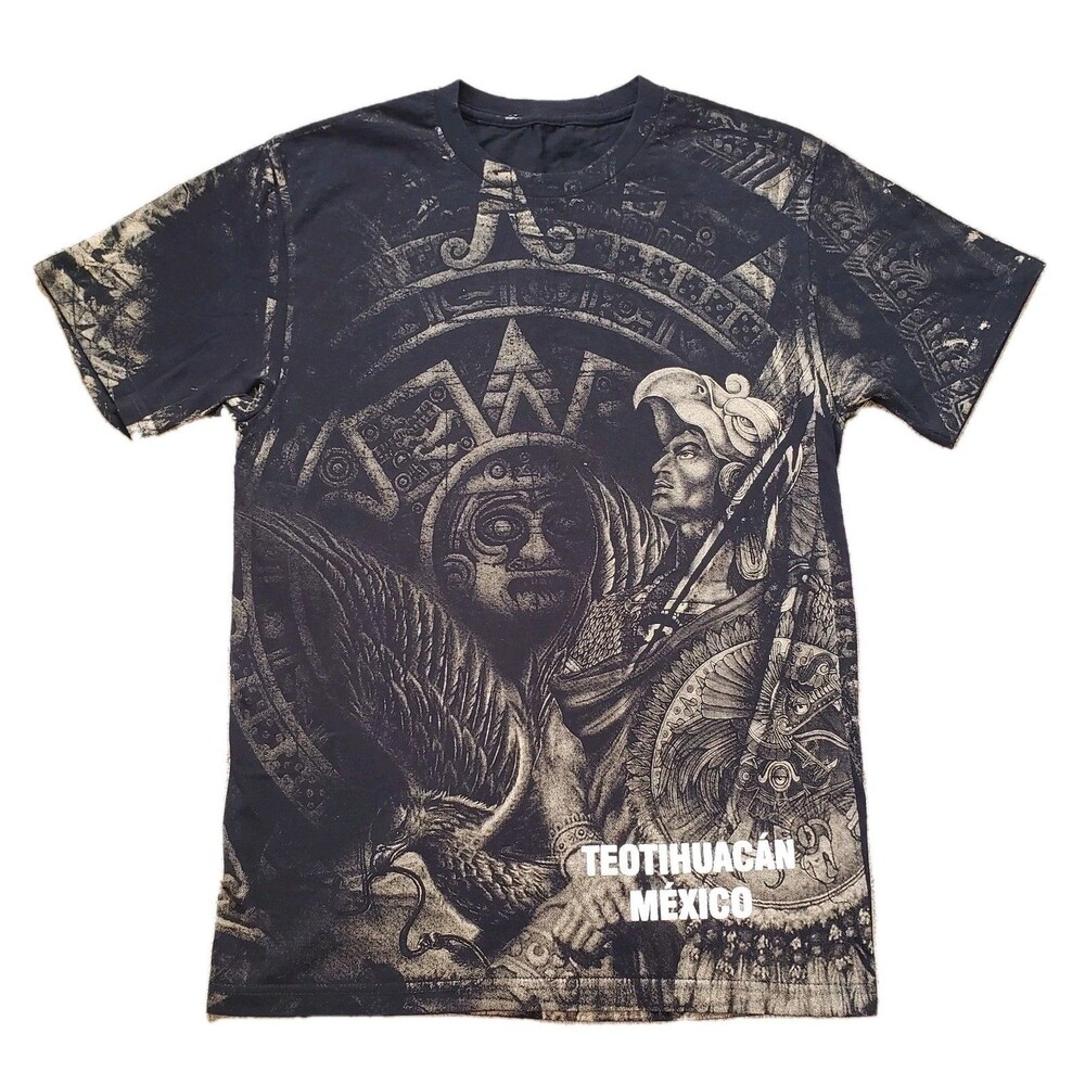 Vintage Y2K Aztec Teotihuacan Mexico Sz S-M Mens All Print T-Shirt Black AOP